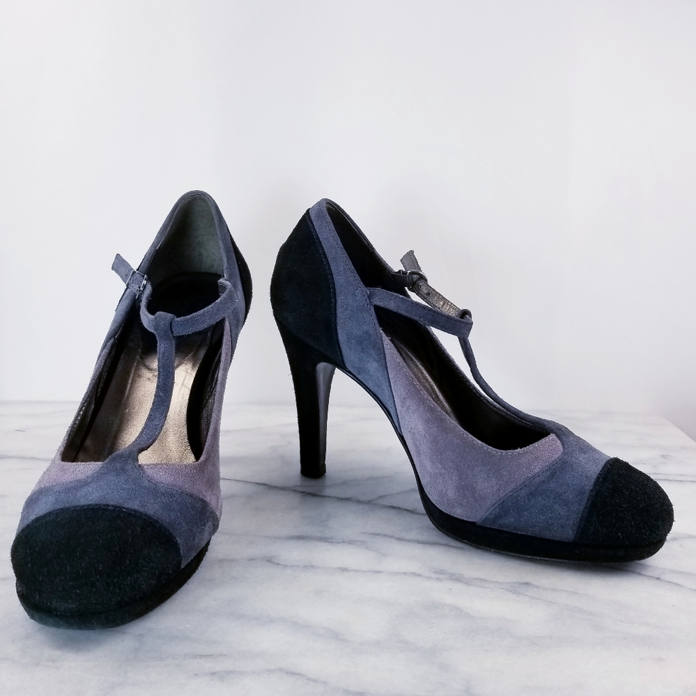 Boden T Strap Tri Tone Suede Almond Toe Pumps